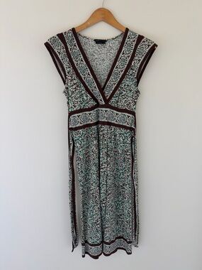 Y2K BCBGMaxAzria Mint and Brown Floral V-Neck Midi Dress
